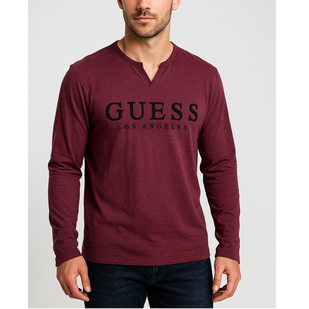 GUESS Los Angeles Logo Henley Long Sleeve‎ Tee Burgundy Slub Knit Men's Medium